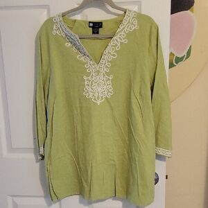 Carole Little Woman Sz1X Linen blend Lime Tunic with White Embroidery